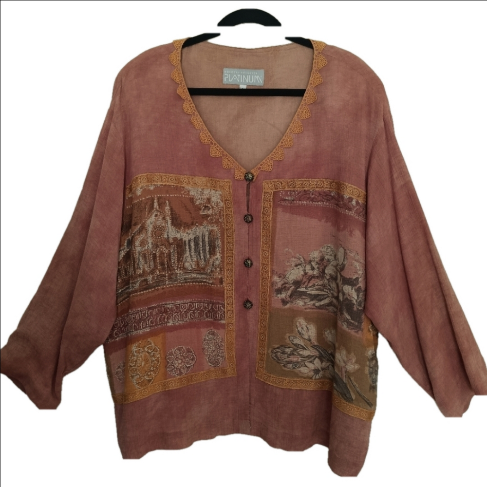 Dorothy Schoelen Blazer Top Size‎ Large Crochet Accents Rust and Browns